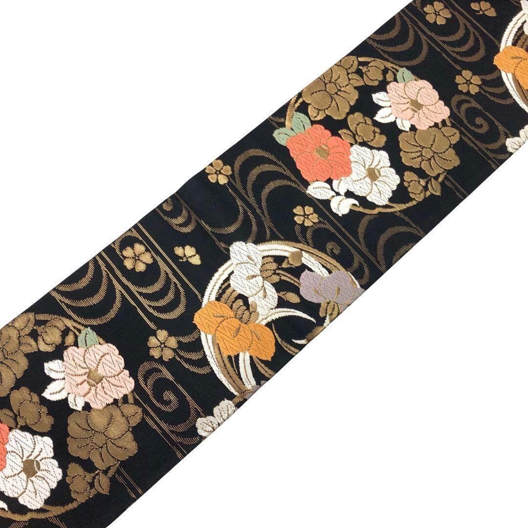 名古屋帯 丸に花草柄 流水模様 金糸 黒色 O-3509 | リユース着物わびさび 