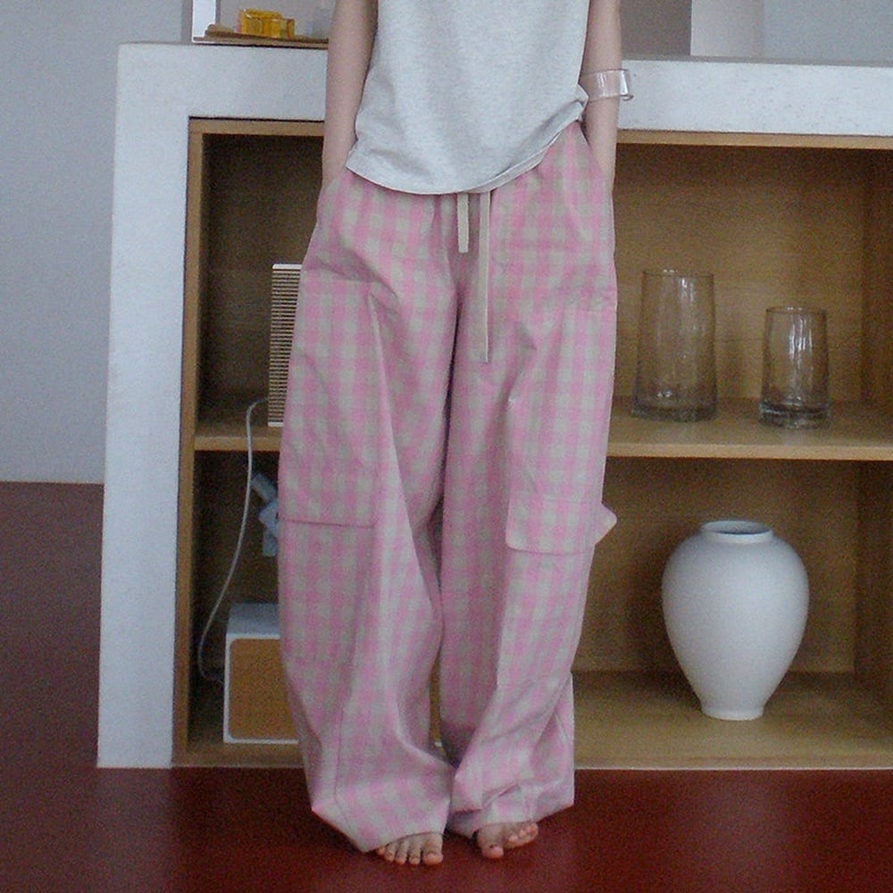 check gather wide pants k-0129