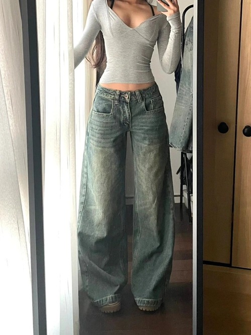広州-レディースヴィンテージバギージーンズ、ウォッシュドカジュアルパンツ、ハイウエスト、ルーズデニムパンツ、ワイドレッグパンツ、韓国ストリートウェア、y2k y2k ボトムス  T240831173637_01