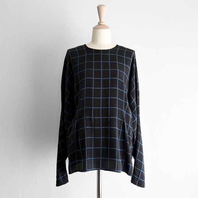 Black Silk Windowpane Round Neck Blouse