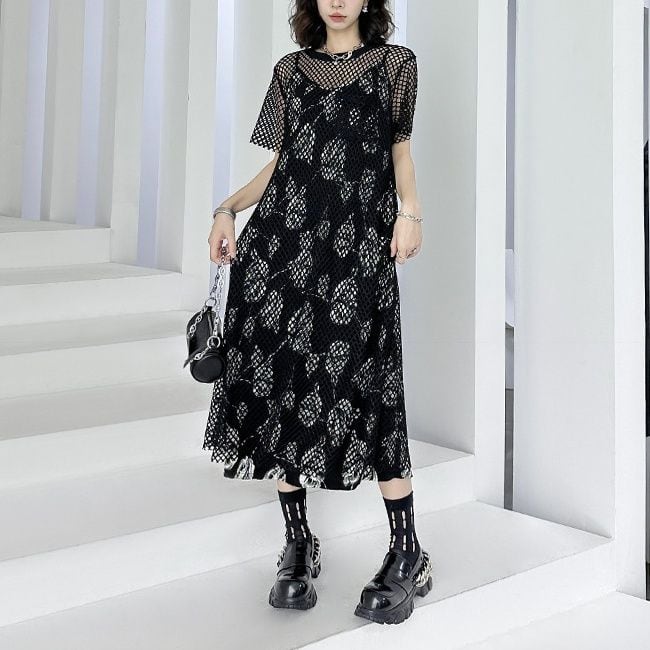 MESH LAYERED LOOSE FIT MIDI DRESS M-17184