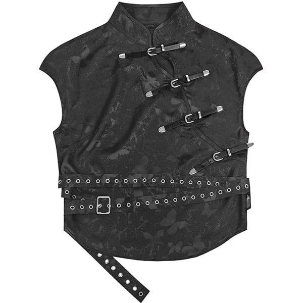 スタンドカラーベルトストラップハトメコードトップス(2カラーあり)(ruf_02342)