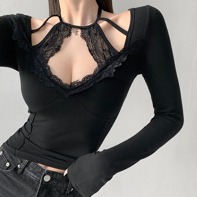 lace-decorative halterneck slim top la1450