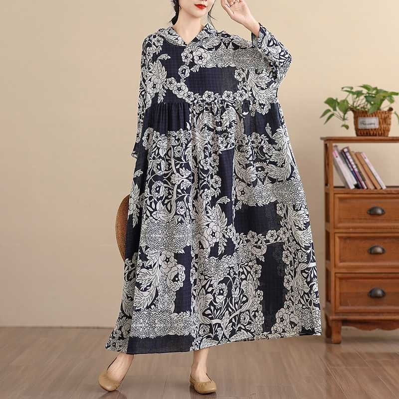 BOTANICAL PRINT HOODED A-LINE LONG PULLOVER DRESS 1color M-16038