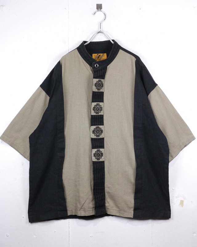【Caka act2 】Embroidery Design Vintage S/S Band Collar Shirt