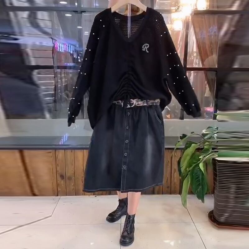 ファットシスター2020秋のドローストリングTシャツ大ざっぱなトップルーズファットVネックプラスサイズの婦人服は薄くてファッショナブルです ミックスインファッション41760059004