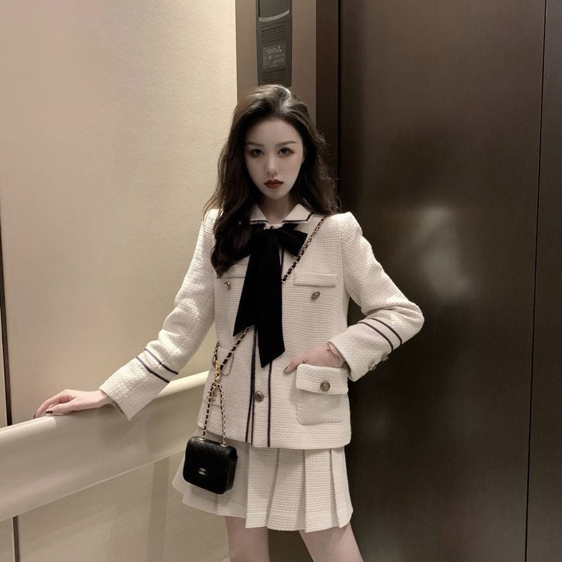 セットアップ ツイード風 ジャケット プリーツスカート 2点セット 上下