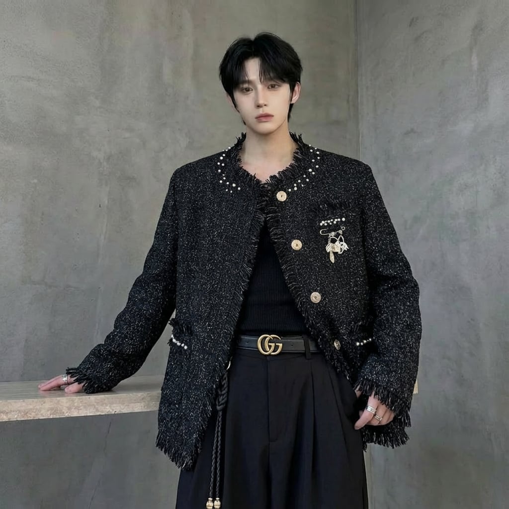 パール装飾 ローエッジツイード風ジャケット D11433 | 韓国メンズ