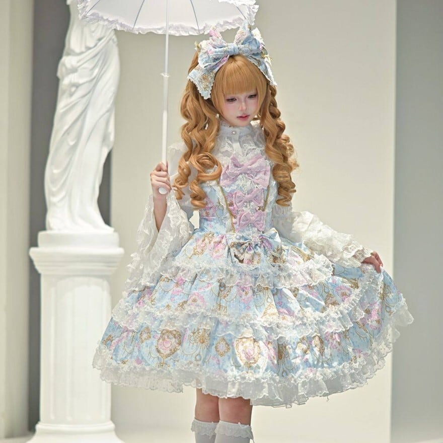 甘ロリ 花柄 JSK ピンク×パープル 多層フリル レース 姫系 ロリータ