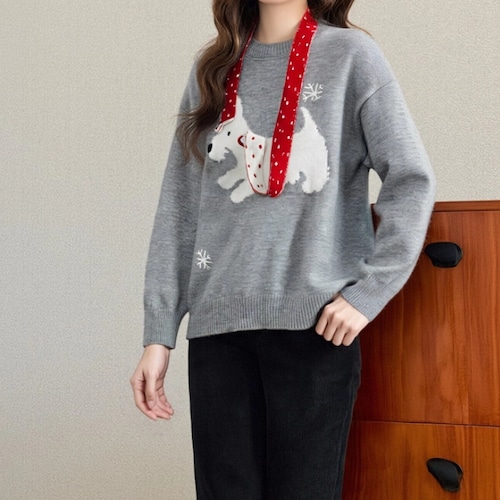 ドッグ刺繍ニットトップス ・9674