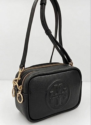 【美品】TORY BURCH トリーバーチ Perry BOMBE ペリーボンベ GLAZED MINI BAG クロスボディ レザー ショルダー カメラ バッグ ポーチ 黒x金