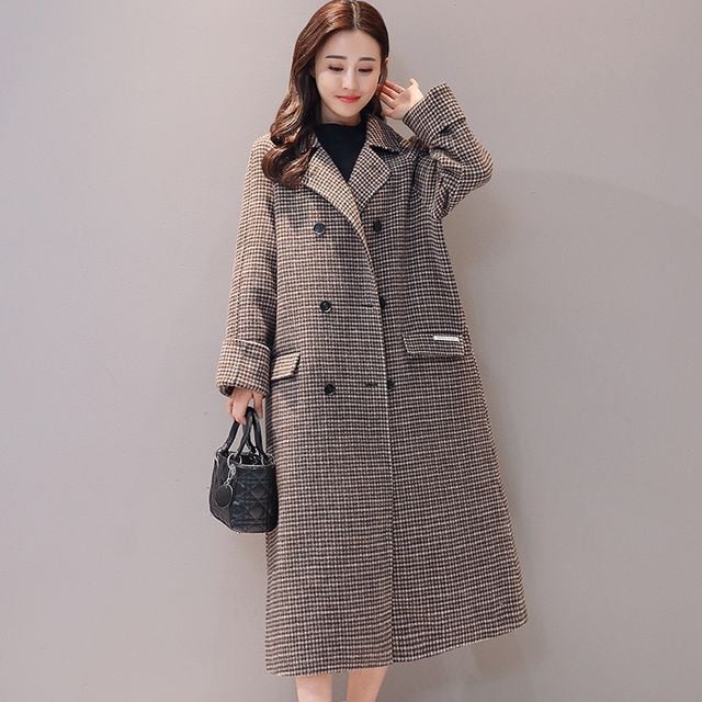 【予約販売】千鳥格子柄チェスターコート レディース ロング ブラウン ゆったり きれいめ 秋冬 アウター 大人可愛い エレガント おしゃれ こなれ感 韓国 大きいサイズ S/M/L/XL/2XL/3XL/4XL