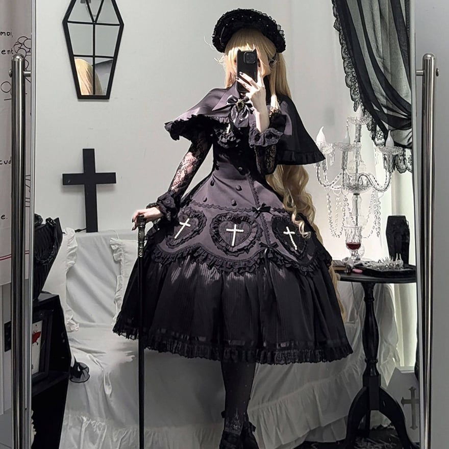 【もっぷ】ゴスロリドレス ボンネット付き　XLサイズ ゴスロリ ダークウィドウ 魔女 ボンネット 病み可愛い ダークゴシック