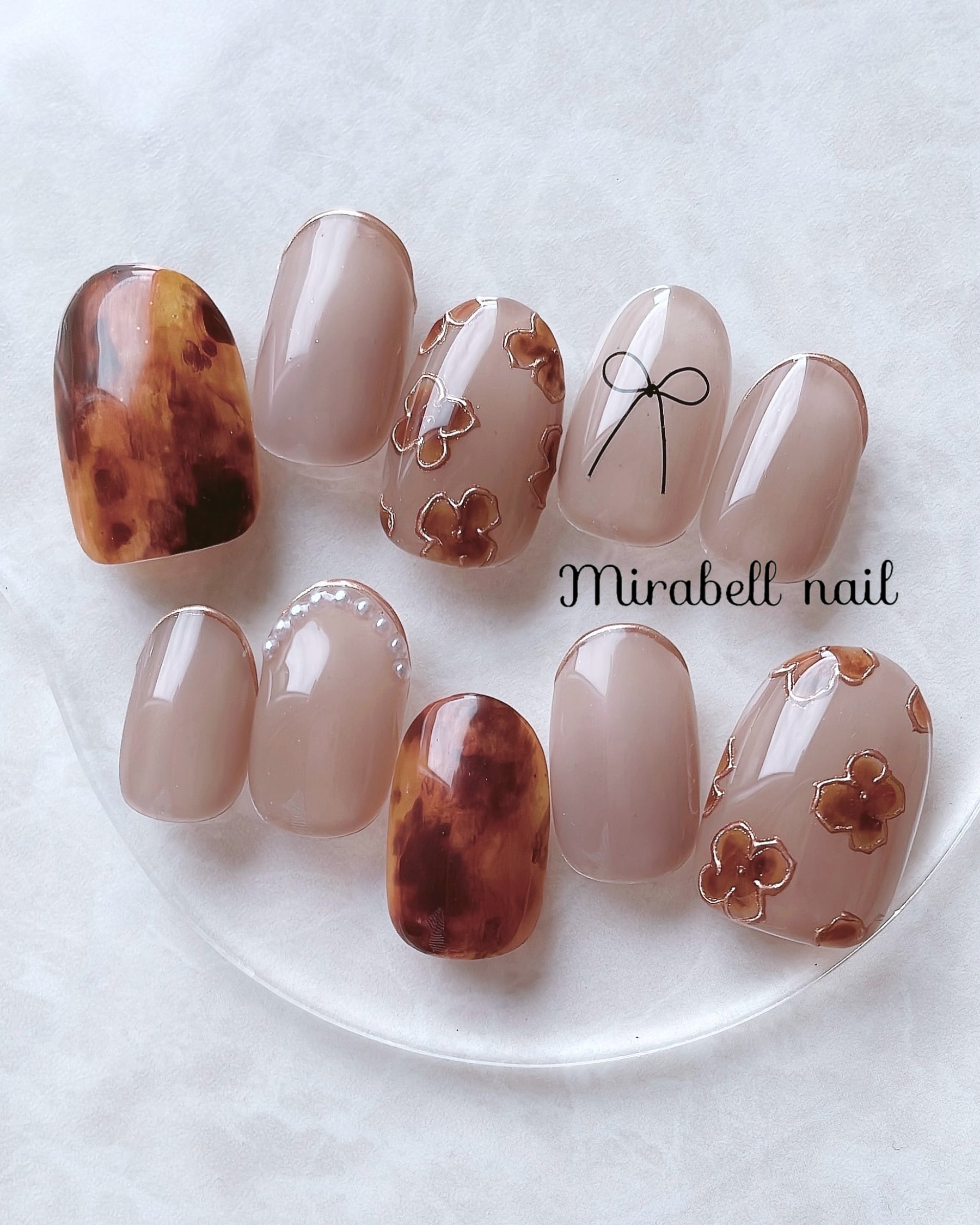 べっ甲 フラワー リボン ミラー フレンチ 10枚 15枚 ネイルチップ オーダー セット #ncs019