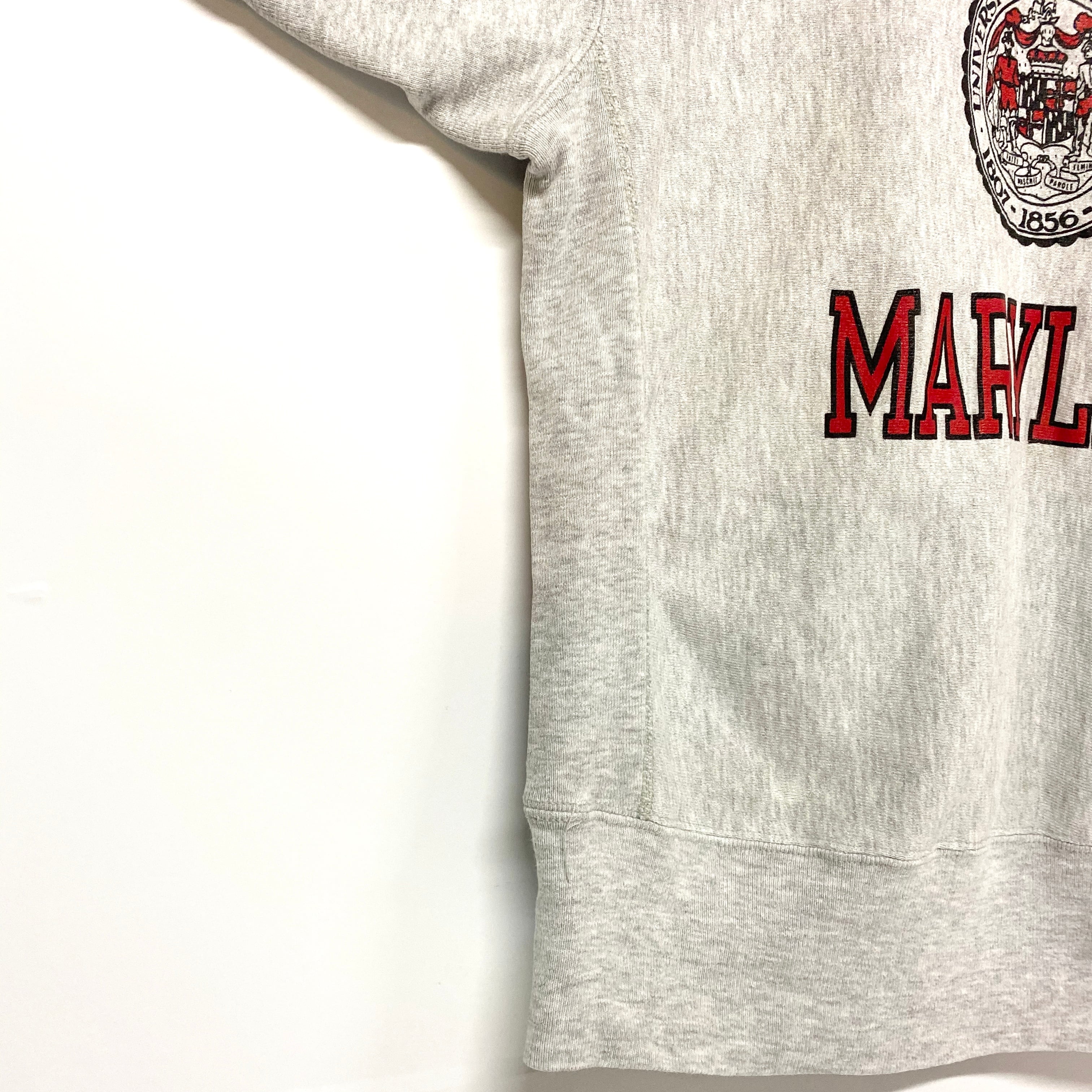 年代 刺繍タグ Champion チャンピオン REVERSE WEAVE リバースウィーブ MARYLAND UNIVERSITY  メリーランド大学 3段プリント カレッジスウェット ヴィンテージ ライトグレー オートミール 灰色 メンズL 古着 スウェット   cave