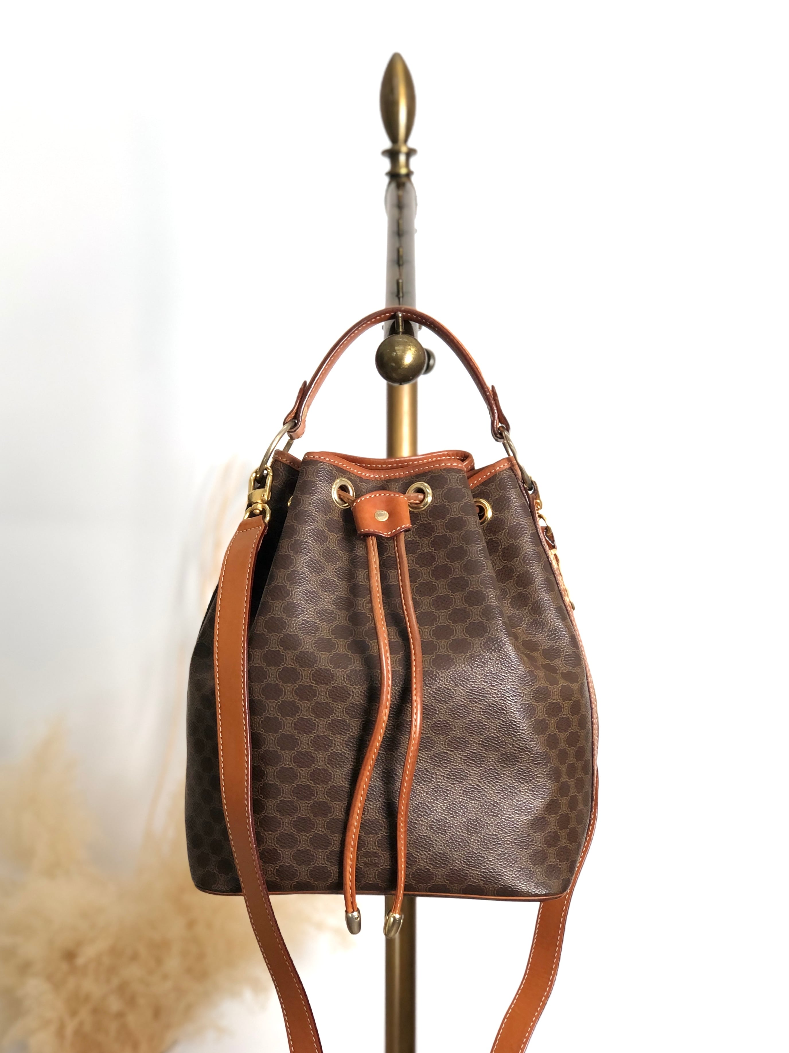 CELINE セリーヌ マカダム ショルダーバッグ ブラウン PVC レザー 2way 巾着 vintage ヴィンテージ オールド ifb2i4