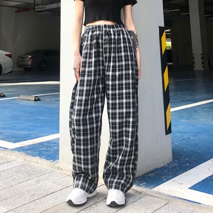 ルーズカジュアルパンツ サマーハイウェスト格子柄 夏物 ケッペル84180715950
