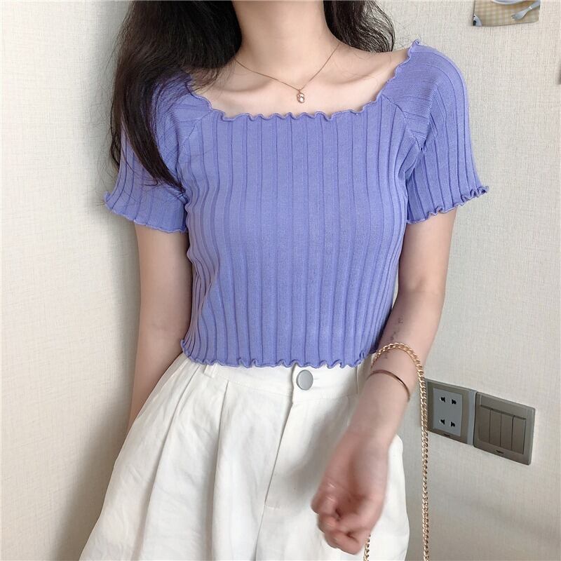 サマーレースショートクロップドスリムニットトップス シャツ Tシャツ 夏物 スクウェア 1号婦人88068259740