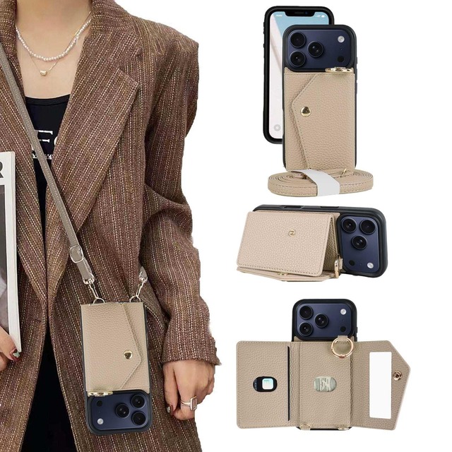 Dahimomo For iPhone 17 Promax ケース 手帳型 イフォン17プロマックス ケース ショルダー 背面カード収納 スマホケース iPhone17promax スタンド機能 化粧鏡 アイフォン17 プロマックス カバー ストラップ 肩掛け 鏡付き 携帯ケース いphone17 pro max 全面保護 耐衝撃 おしゃれ 防水 高級 レザー - カーキ