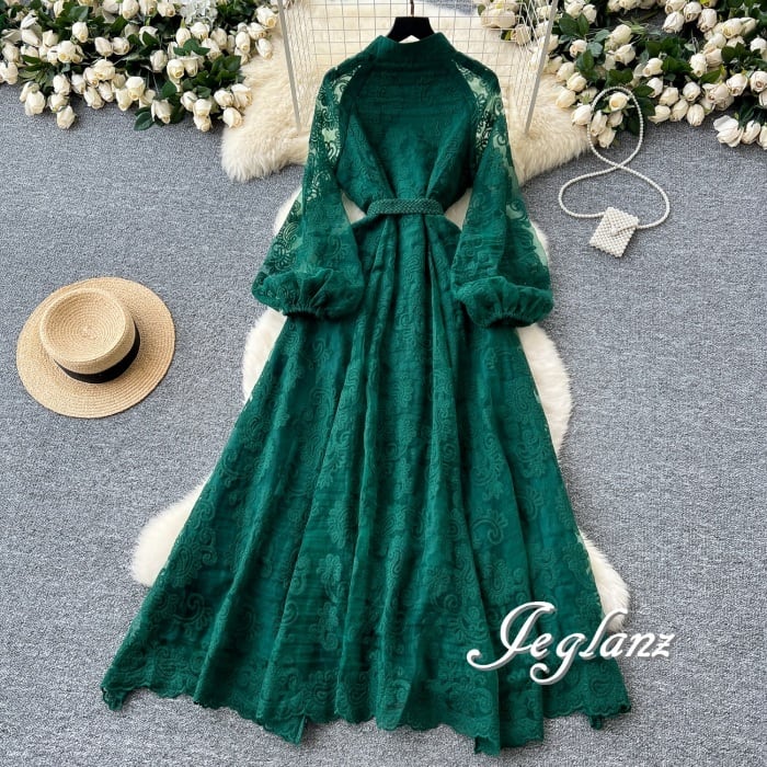 2色 ワンピース ボリューム袖 ドレス 刺繍 レース 紐ベルト エレ派(MA883)ζ