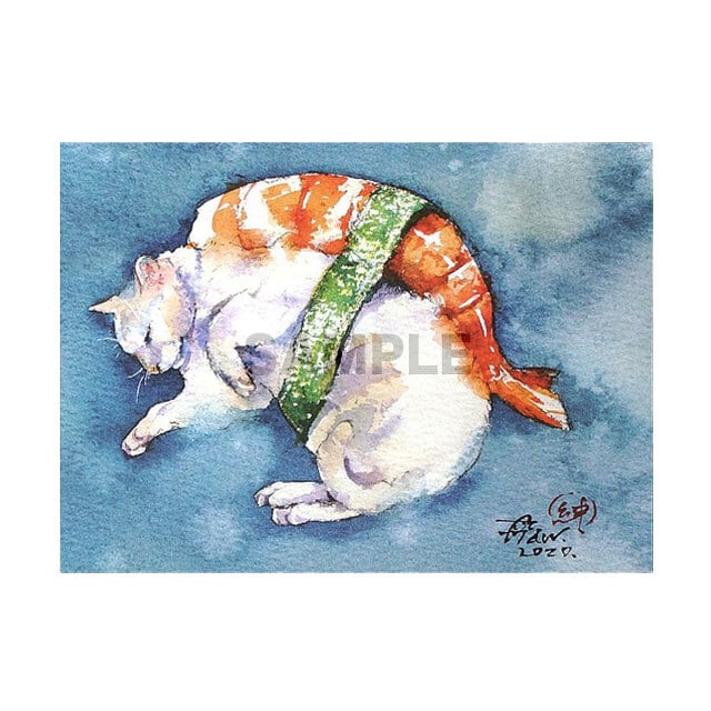 台湾ポストカード 水彩猫「猫飯蝦握寿司」 | 猫式×台灣 台湾雑貨 猫
