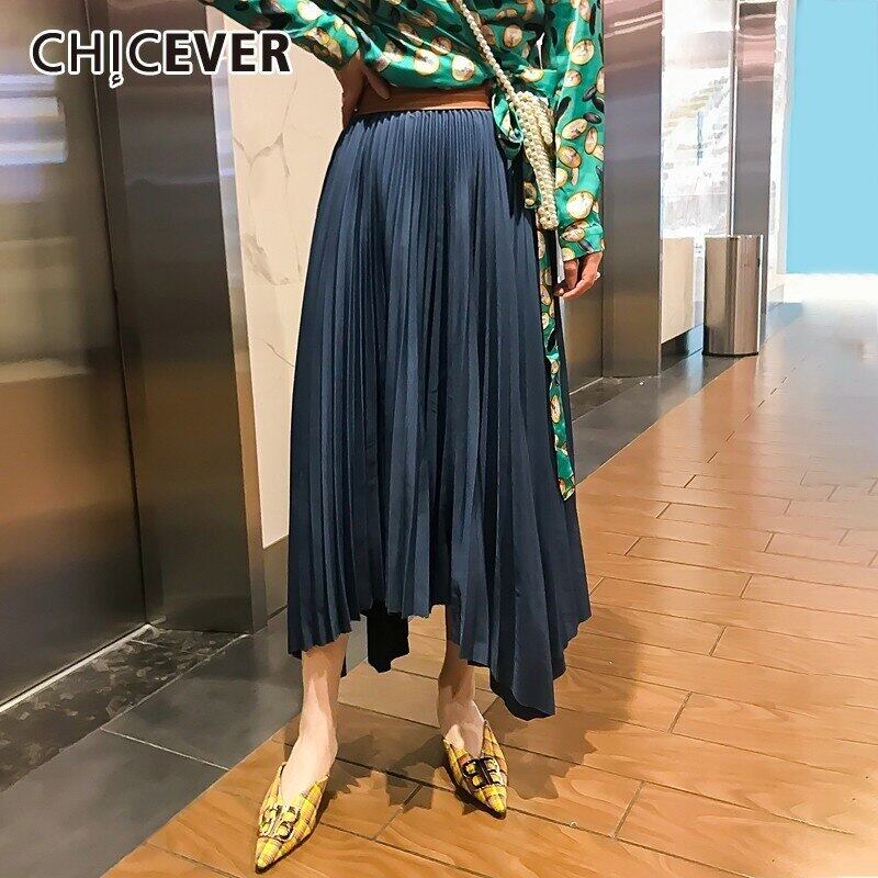 CHICEVER Spring Chiffon Bule Women Irregular Skirt Sashes Waist Mid Calf Pleated Skirts 2020 シフォン プリーツ スプリング 春物 スカート 6base540603156105