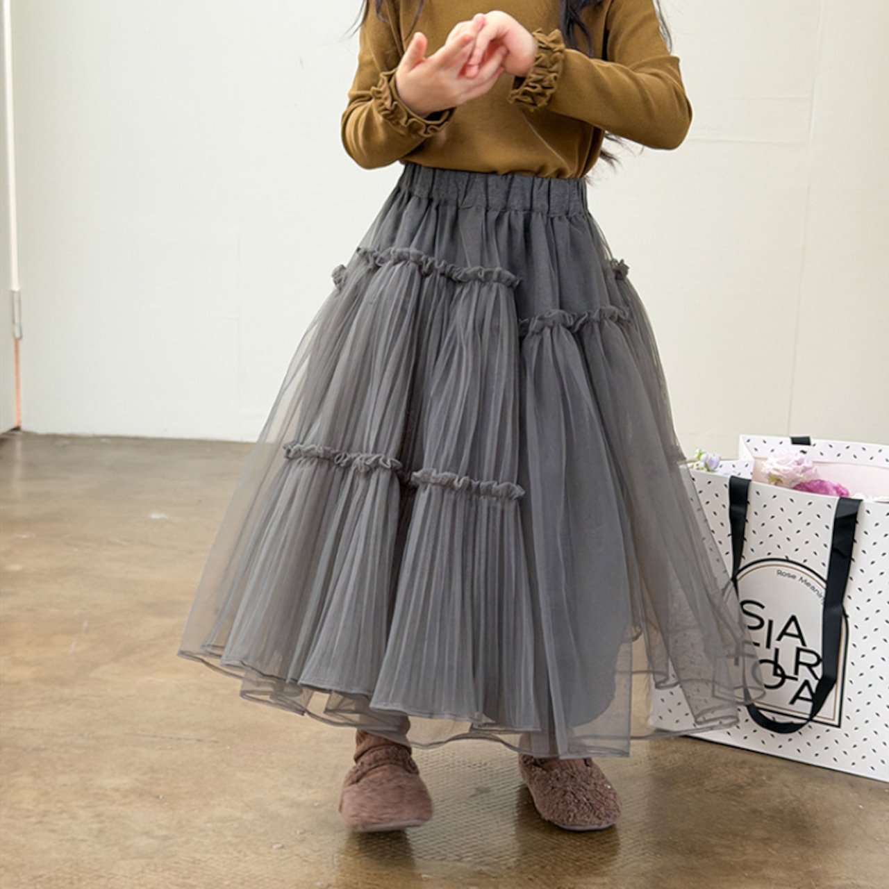 冬厚手層重ねチュールスカート