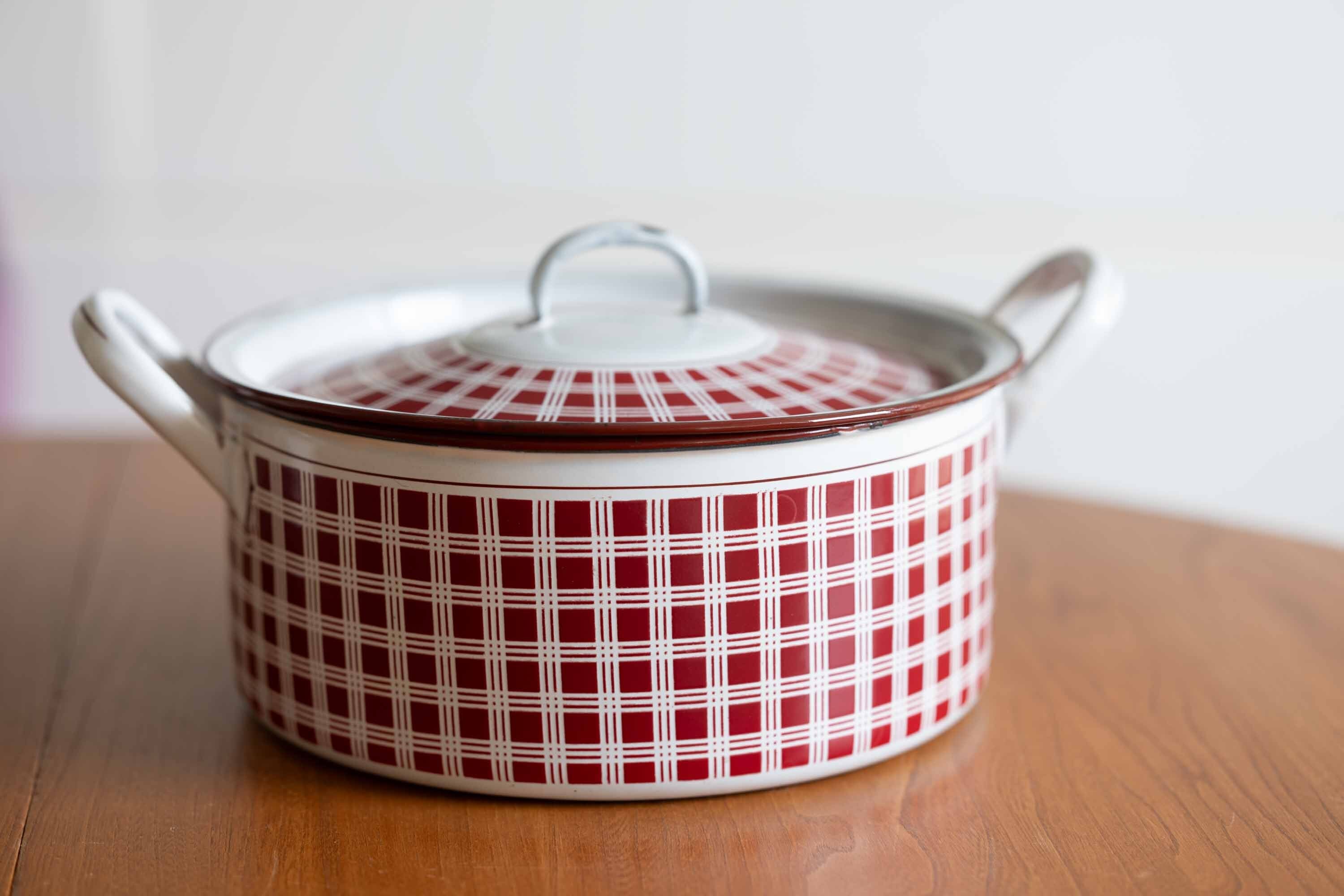 フランス アンティークホーロー BB社 赤チェックホーロー お鍋