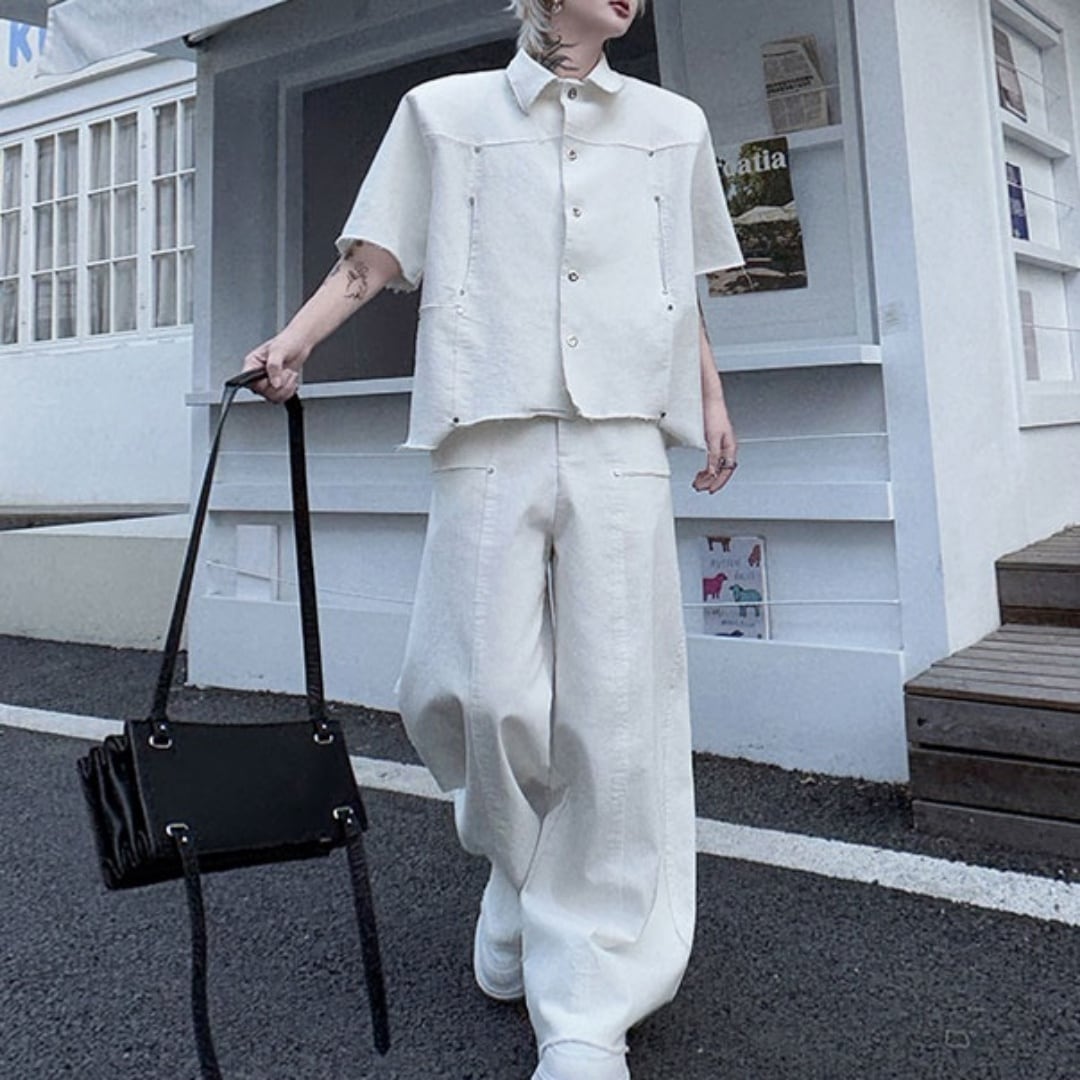 デニムセットアップMサイズ デニム セットアップ ルーズ ワイドパンツ メンズ 韓国 ジーンズ