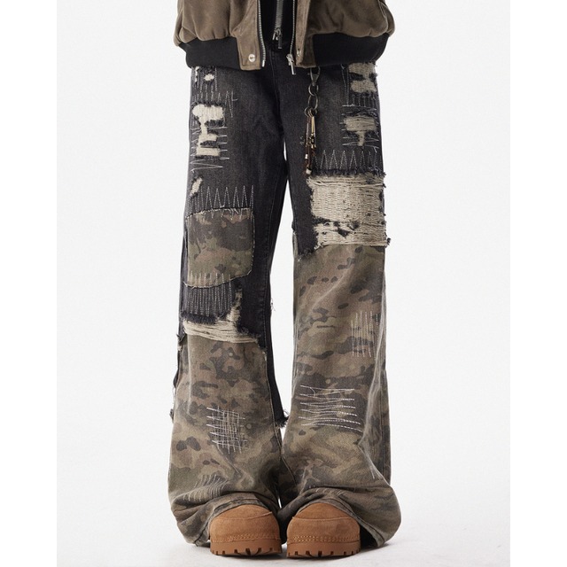 patchwork distressed camouflage denim　パッチワークダメージ迷彩デニム　J1153