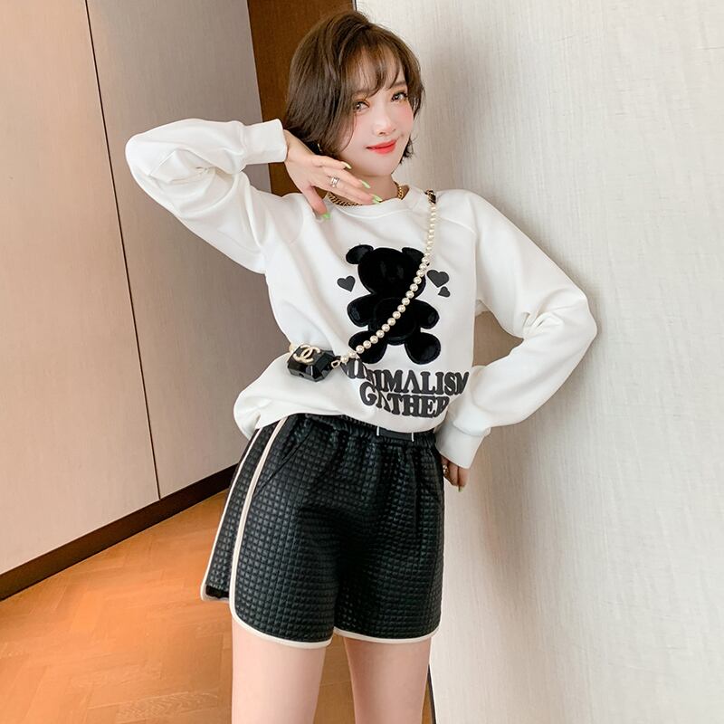 カジュアルストレッチハイウェストウェスト格子柄レザーショーツ オータム エラスティック 伸縮 秋物 ブルマー MIUCO93089270994