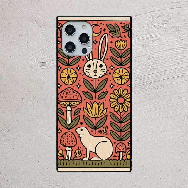 受注生産 iPhoneケース うさぎときのこの民芸柄｜うさぎモチーフ PSYF038B
