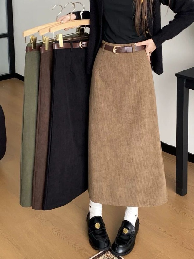 秋冬の大人レディスタイルはこれで決まり コーデュロイミディ丈スカート 秋冬 スリット 大人可愛い カジュアル きれいめ おしゃれ 着回し 脚長 体型カバー 大きいサイズ 韓国 CH10968