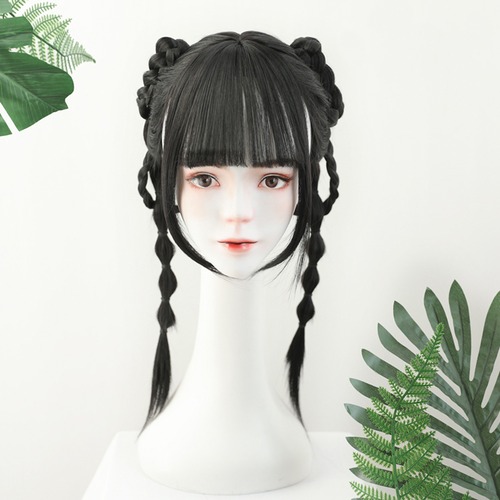 コスプレ耐熱ウィッグ ナチュラルブラック 三つ編み お団子 ウィッグ ★チャイナ・古風なおしゃれウィッグです！創作コスやオリジナル、ファッションウィッグに！ ★即納品★
