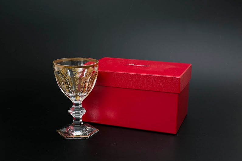 バカラ／エグランチエ】ジャー 容器 純銀蓋付「金彩／緑に赤被せ