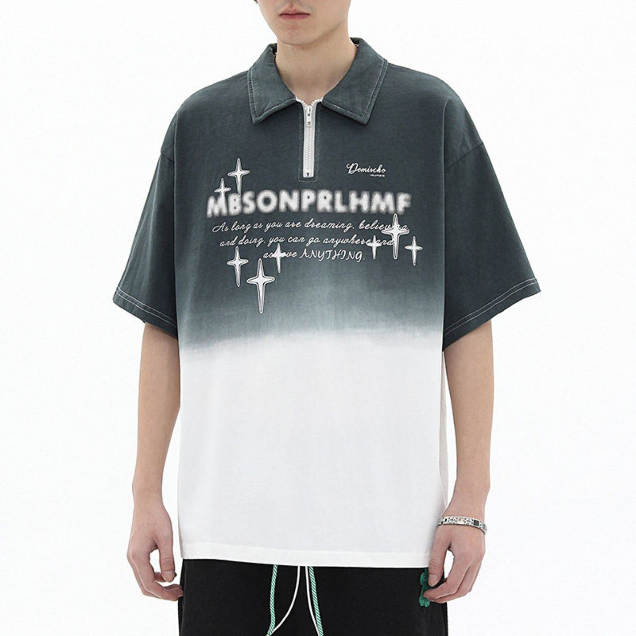 スターモチーフアートロゴハーフジップTシャツ 2col   A00024