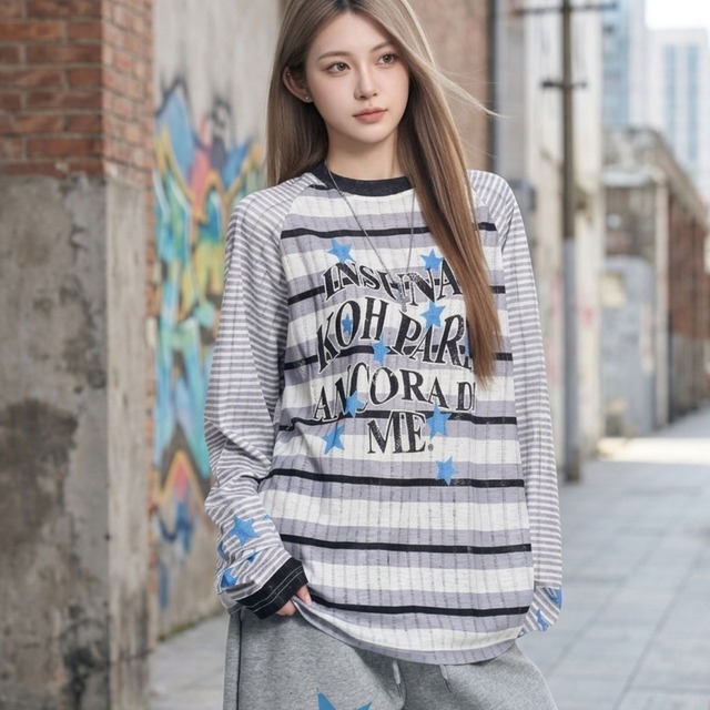 スターモチーフチェックボーダーグラフィックロングスリーブTシャツ 2col R02567