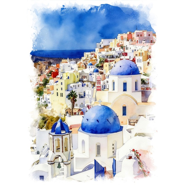 絵画 ギリシャ 風景画(街並み) サントリーニ島 インテリアアート額付き 水彩画・油絵調 WAT0283