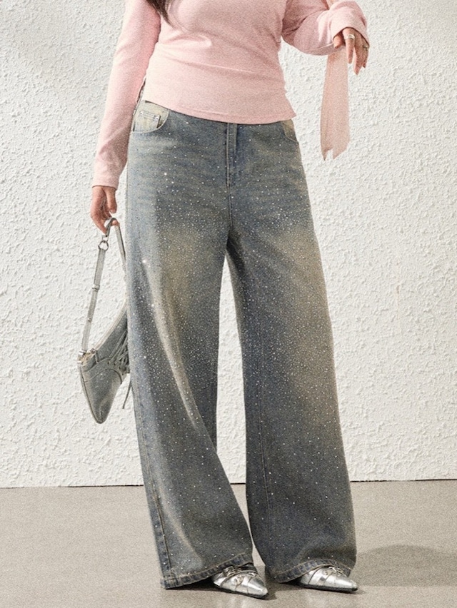 ラフなのにちゃんと華やか グリッターデニム 大人 おしゃれ カジュアル こなれ感 美脚 脚長 美シルエット 体型カバー 大きいサイズ 韓国 CH11465
