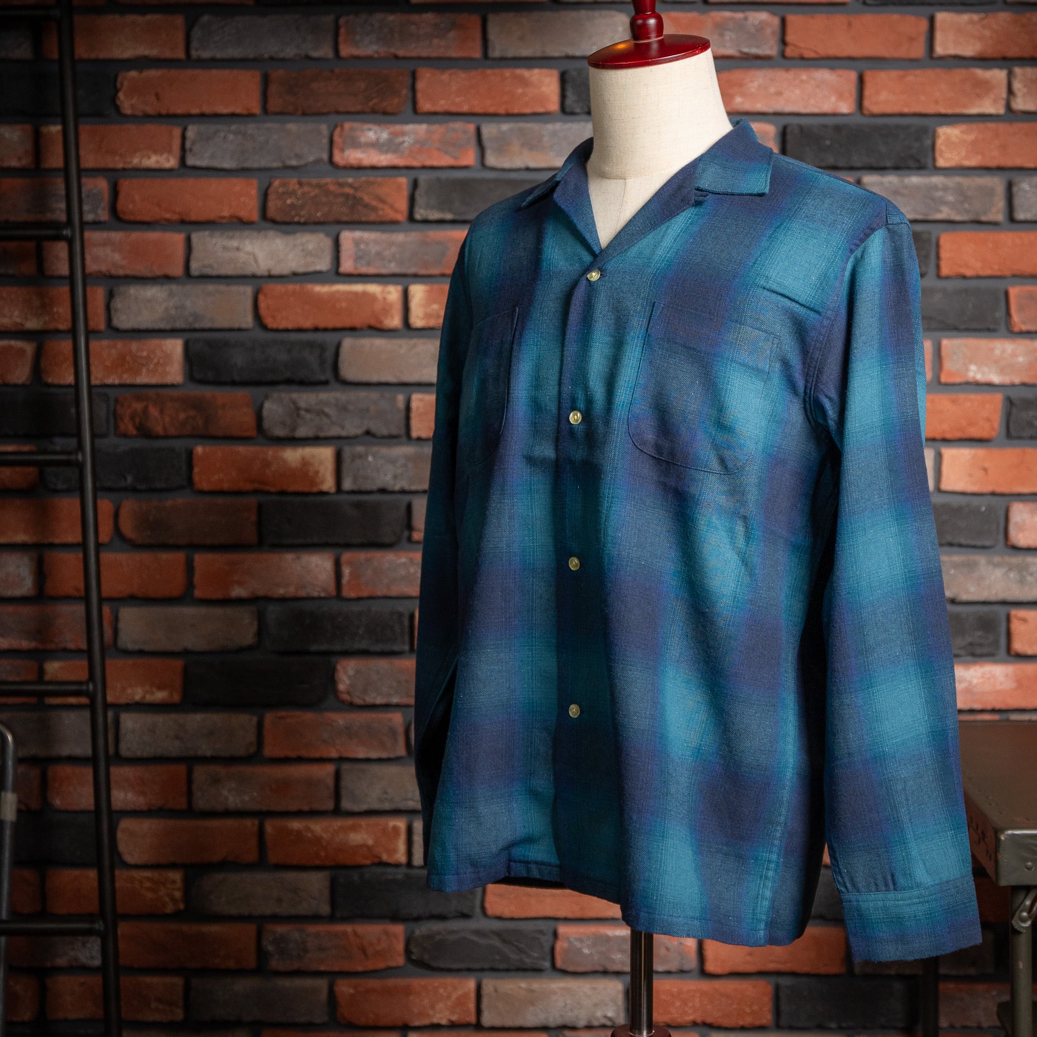 【TOWN CRAFT】 "BLUE" 60s Loop Collar Nel Ombre Shirts 新品 タウンクラフト オンブレシャツ 青 ポケット付き