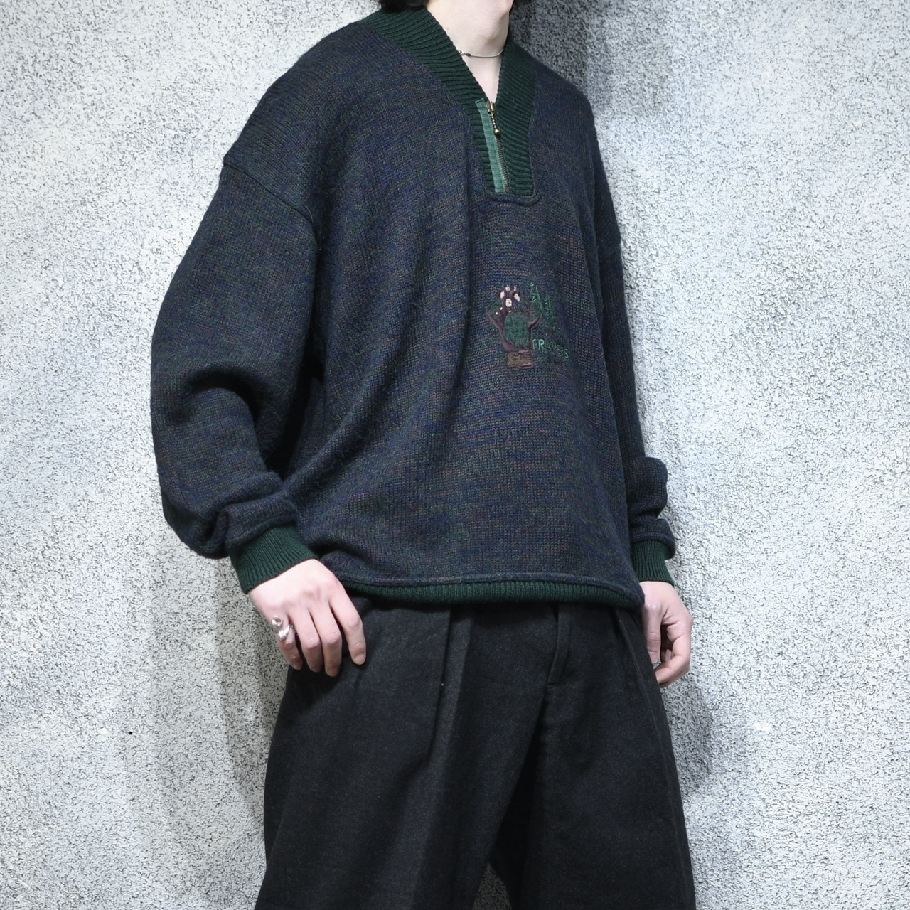 embroidery design half zip melange knit