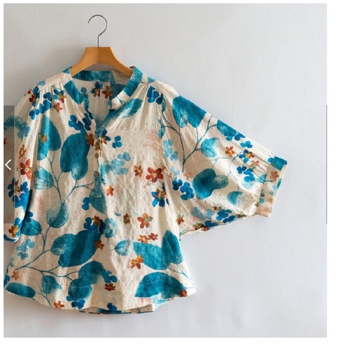 ゆったりドルマン・レトロプリント柄コットンシャツ/ブルー系/F