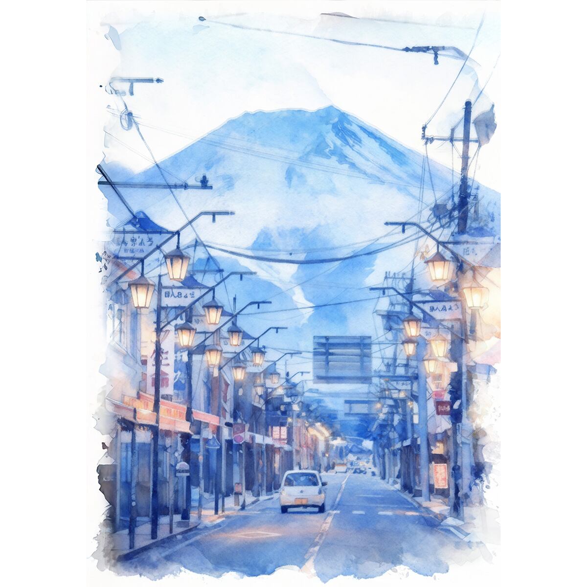 絵画 風景画 日本 山梨県 富士吉田市 本町通りと富士山 インテリアアート額付き 水彩画風 WAT1726