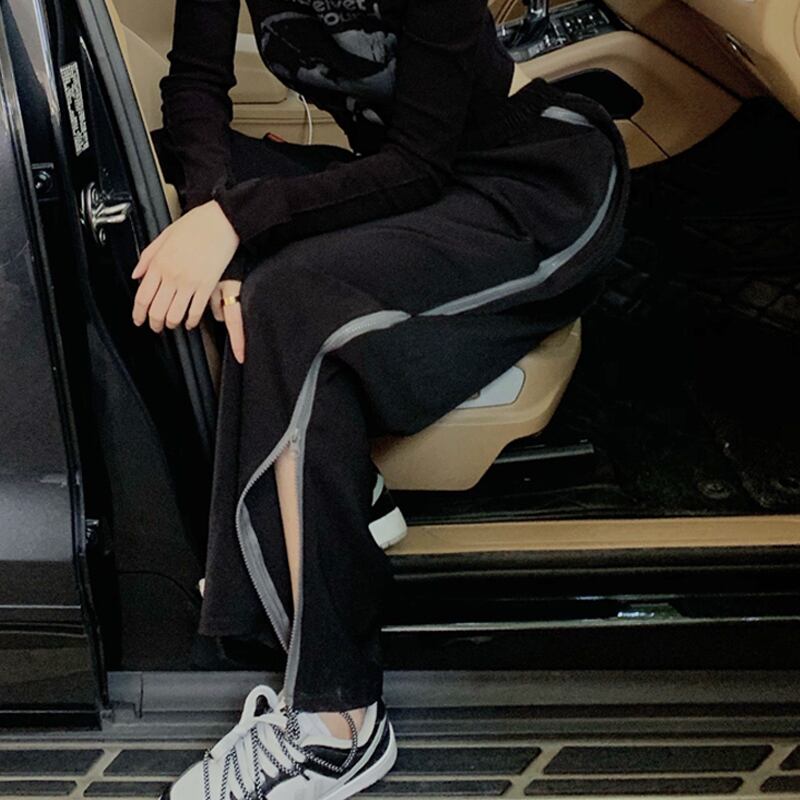 ブラックカジュアルパンツ サマー薄手ハイウェストウェストワイドレッグスプリングオータムルーズ 春物 夏物 秋物 ワイドパンツ スーパーモール38738386383