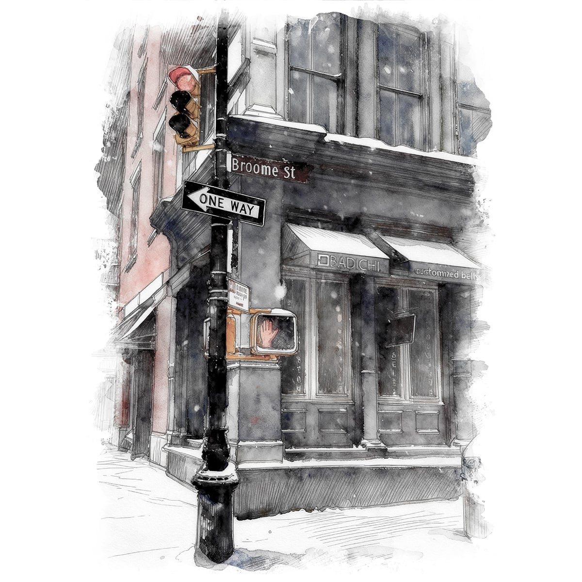 絵画 アメリカ 風景画(街並み) マンハッタン 雪が降る冬のブルーム