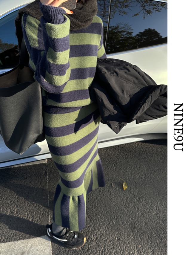 tops＆mermaid-skirt knit border set-up 2color【NINE7221】