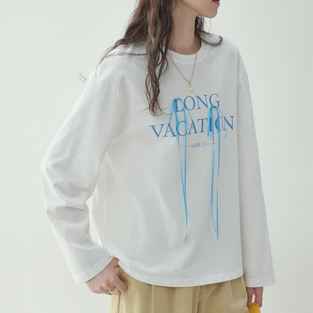 letter print long sleeve ribbon t shirt