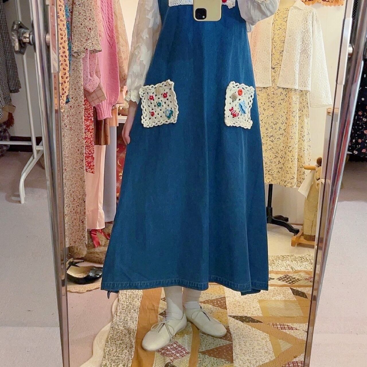 remake ✂︎ blue ribbon frill pocket jumper skirt