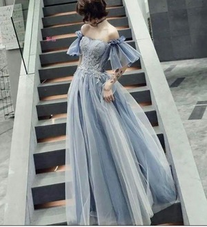 ★送料無料★M(9号)★ビーズと銀糸刺繍のオフショルダードレス(OPN2859)