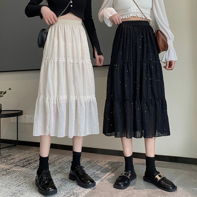 スカート オータム刺繍スパンコールハイウェストウェスト薄手Aライン 大人ガーリー スウィート キュート カジュアル 秋物 ステッチ 萌量不足35922955490